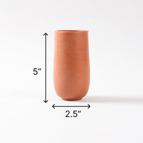 Size chart of terracotta glass set showing dimensions of 2.5 inches diameter, 5 inches height, and 320 ml capacity per tumbler
