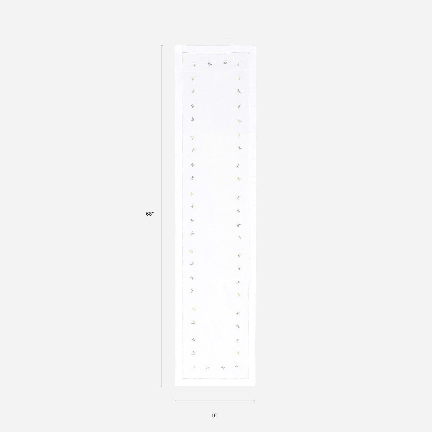 Dimension chart of a Bengal chikankari table runner measuring 68 x 16 inches, suitable for 4 to 6 seater dining tables