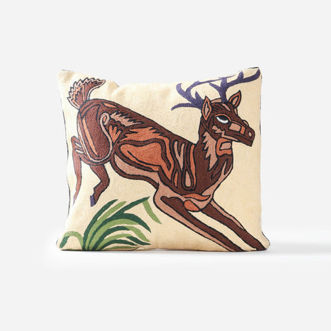 Full-size 18x18-inch wool cushion cover with hand embroidered deer design and concealed zip closure