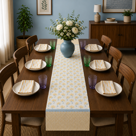 Yellow Floral Block Printed Table Runner