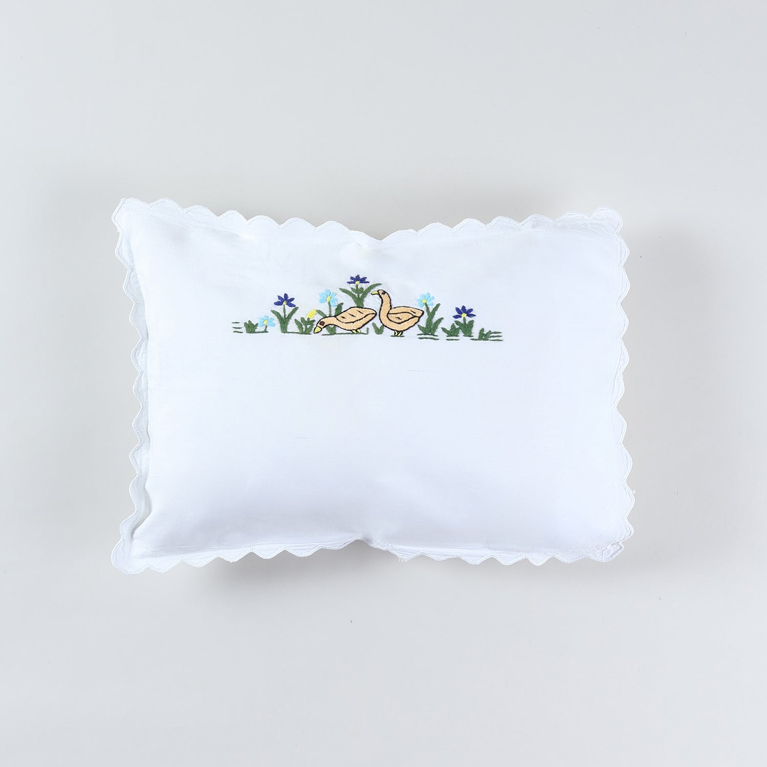 Kids pillow cover with colourful duck embroidery in Bengal Chikankari handwork from the handmade kids bedding collection