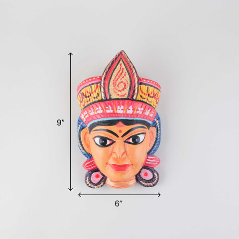 Size chart of hand-carved Durga Gomira wooden wall mask showing dimensions of 9 x 6 x 3 inches