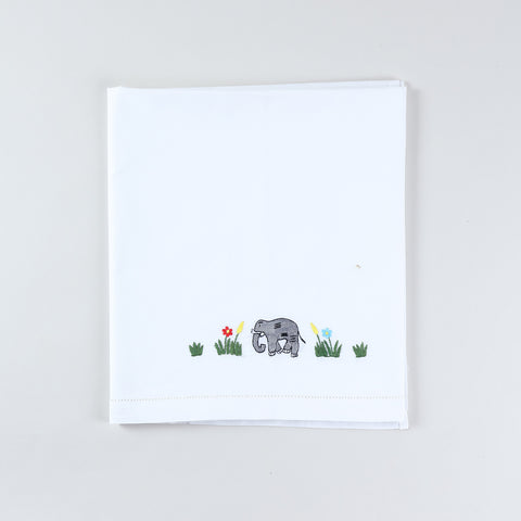 Embroidered kids bedsheet and pillow cover set featuring colourful elephant motifs with fine hand embroidery on white cotton