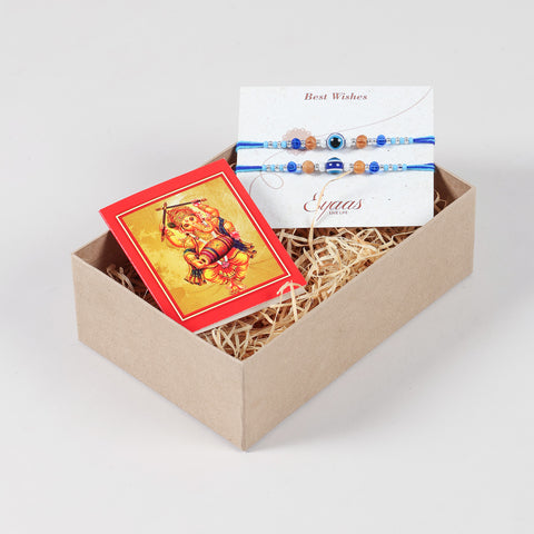 Handmade Evil Eye Rakhi  Set of 2 neatly arranged inside a decorative Raksha Bandhan gift box