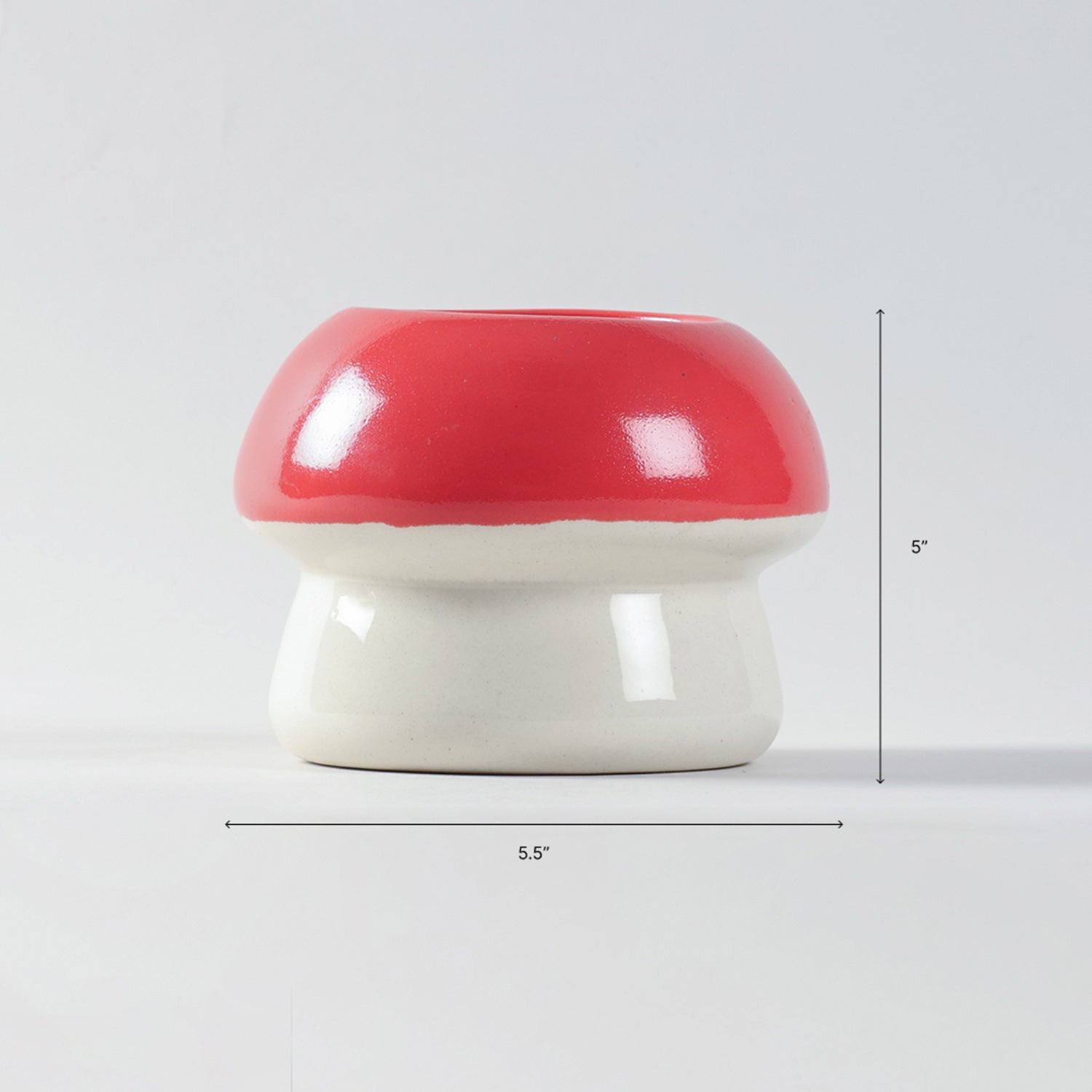 Fairy mushroom ceramic flower pot showing a size of 4.5 inches in height and 5.5 inches in diameter.

