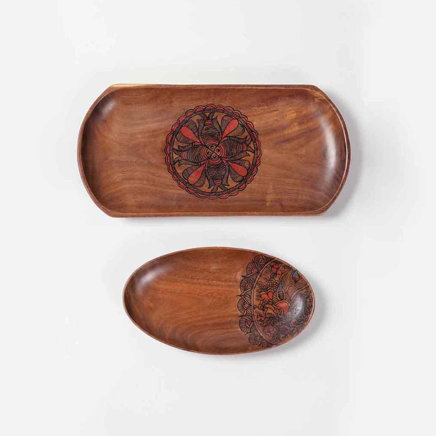 Eyaas fish hand painted acacia wood platter used as an elegant snack serving tray