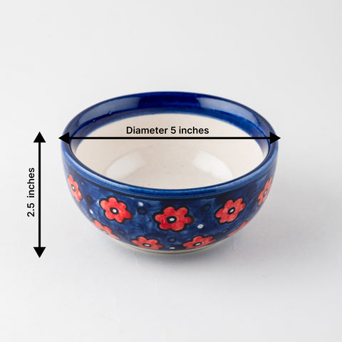 Size chart of floral ceramic bowl handcrafted in Khurja showing a diameter of 5 inches