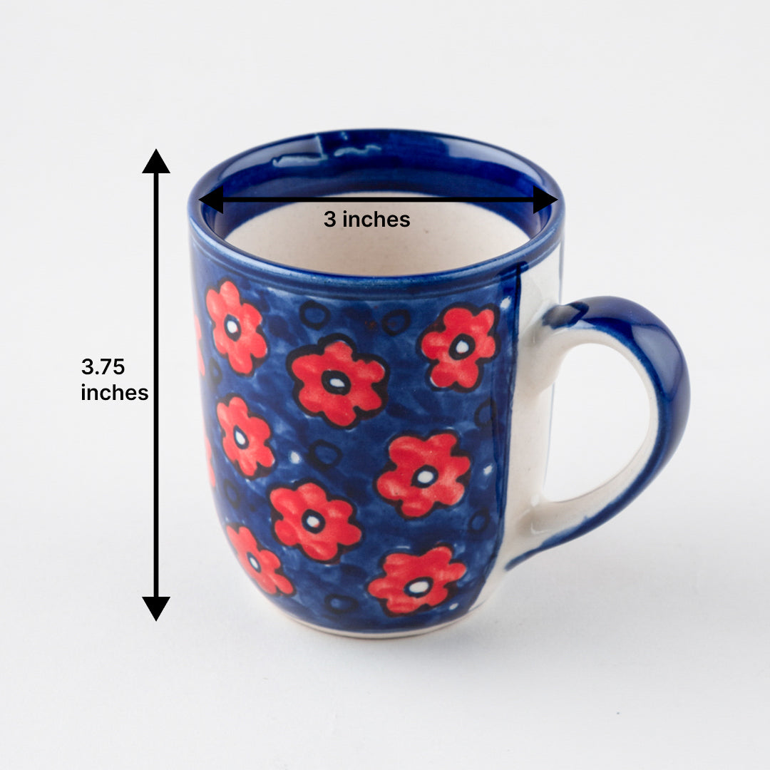Size chart of handpainted floral ceramic mug showing dimensions of 4 inches x 3.5 inches