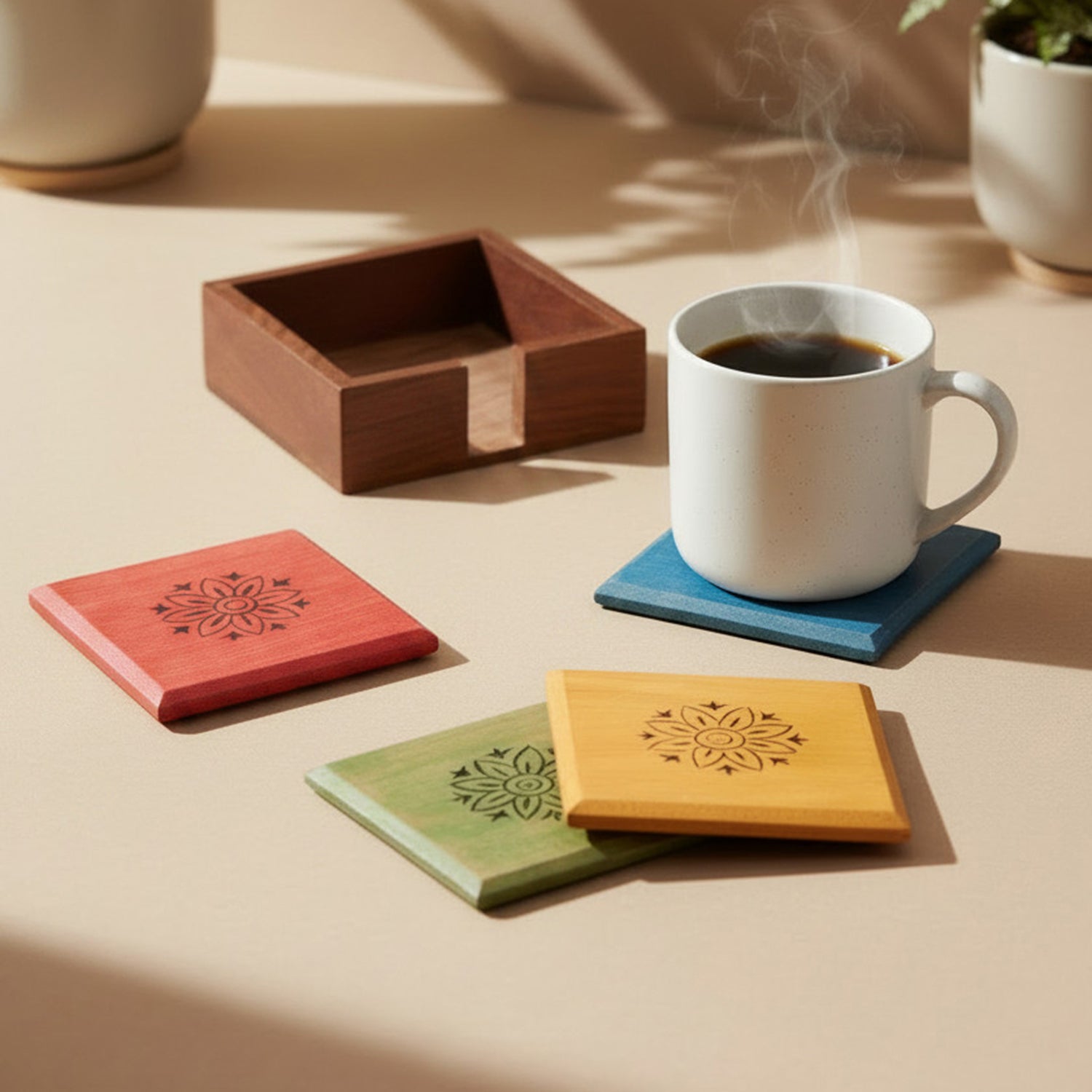 Floral wooden tea coaster set styled with cups for an elegant table setting