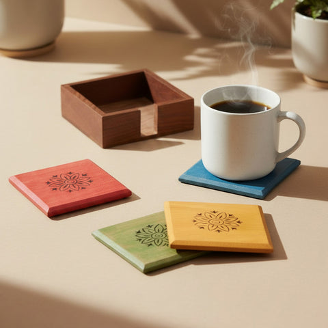 Floral wooden tea coaster set styled with cups for an elegant table setting