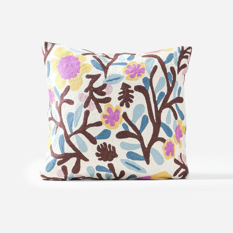 Full-size 18x18-inch wool cushion cover with floral tree embroidery on a beige base and zip closure