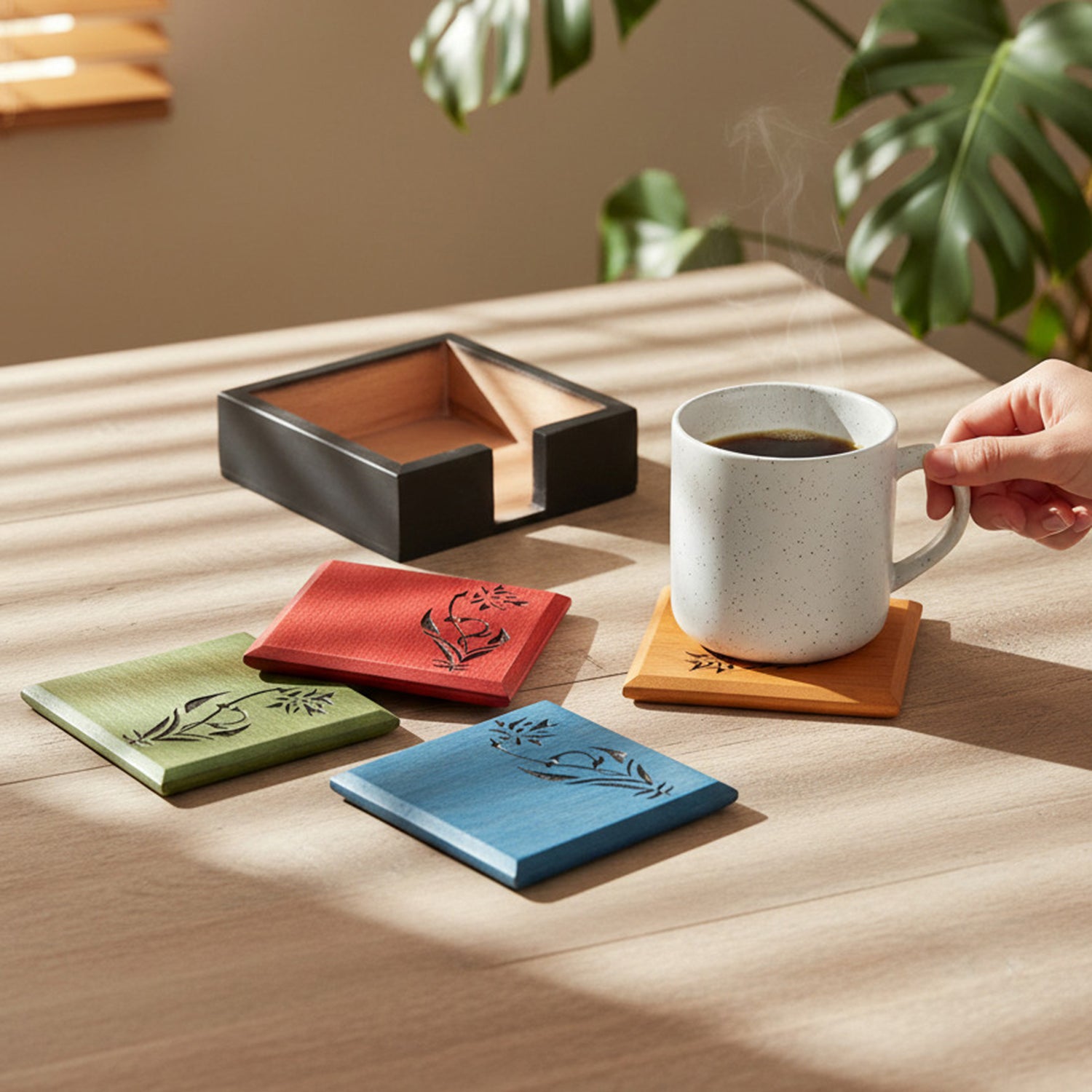 Floral Vine wooden tea coaster set styled with tea cups for an elegant table setting.