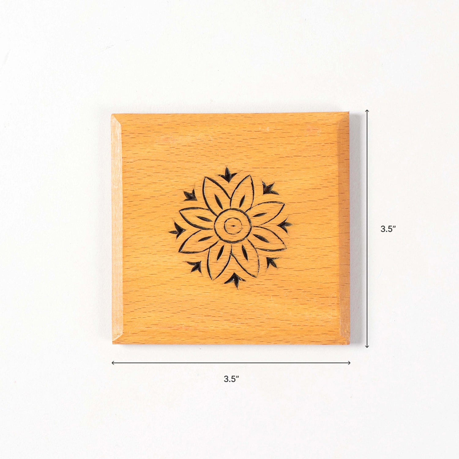 Dimensions of the Floral wooden square coaster set of 4 with 3.5-inch coasters and holder for everyday table use.