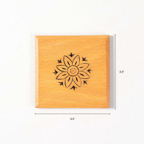 Dimensions of the Floral wooden square coaster set of 4 with 3.5-inch coasters and holder for everyday table use.