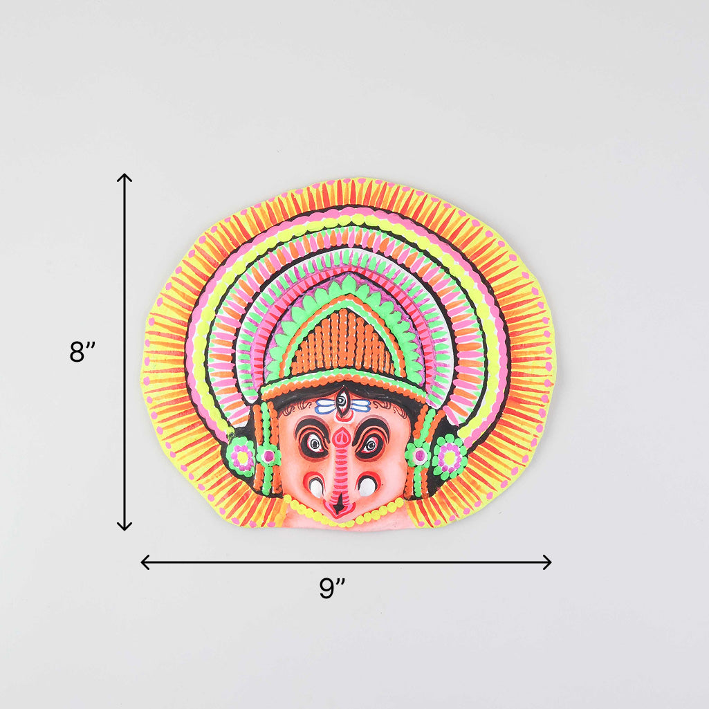 Size chart of handmade Ganesha Chhau wall mask showing dimensions of 9 x 8 x 2 inches