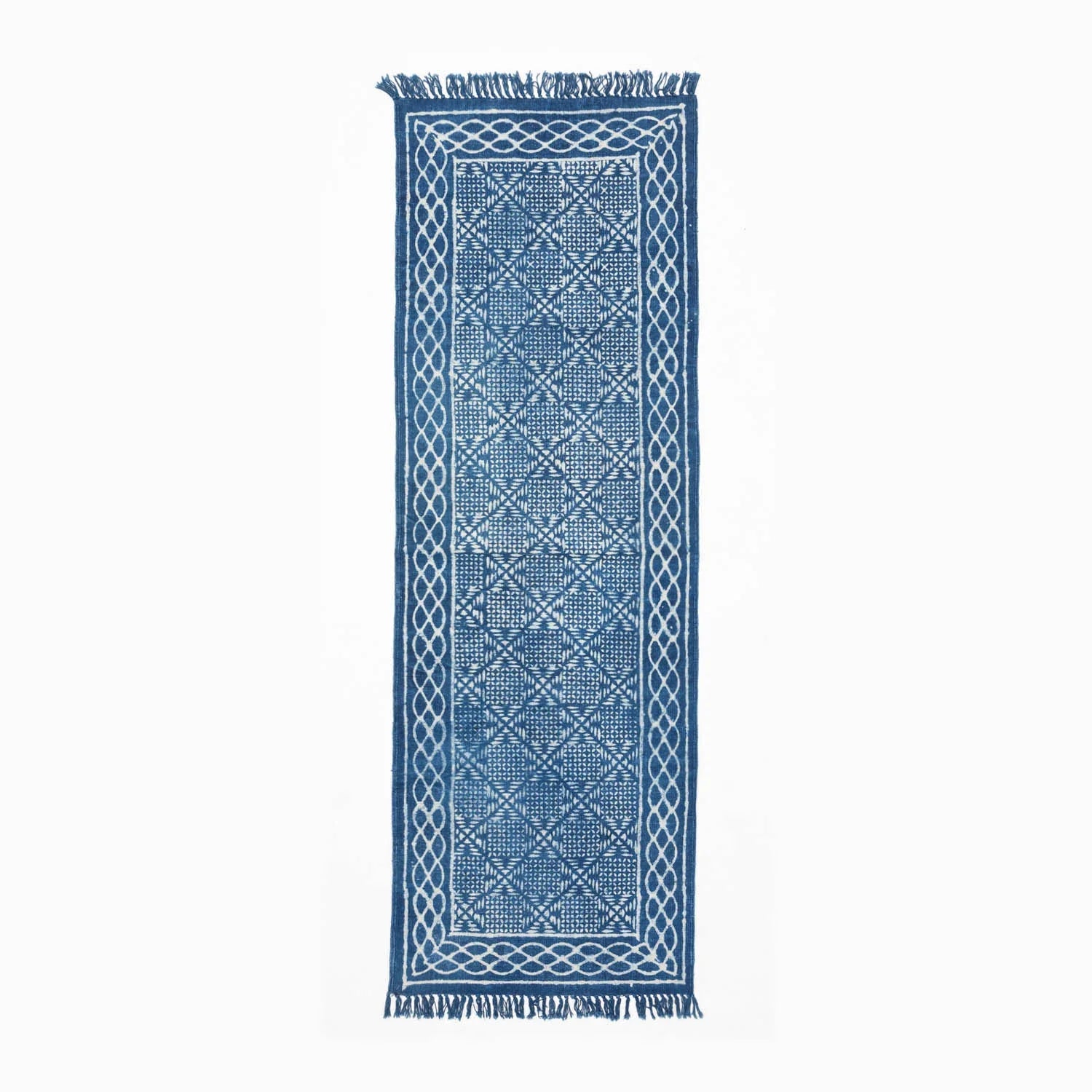 Handwoven indigo dhurrie rug with geometric block printed pattern in 6 x 2 ft size