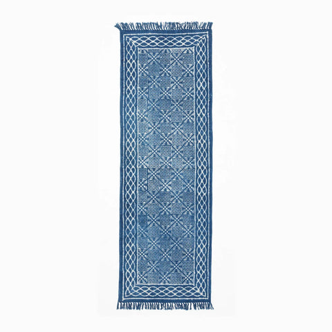 Handwoven indigo dhurrie rug with geometric block printed pattern in 6 x 2 ft size