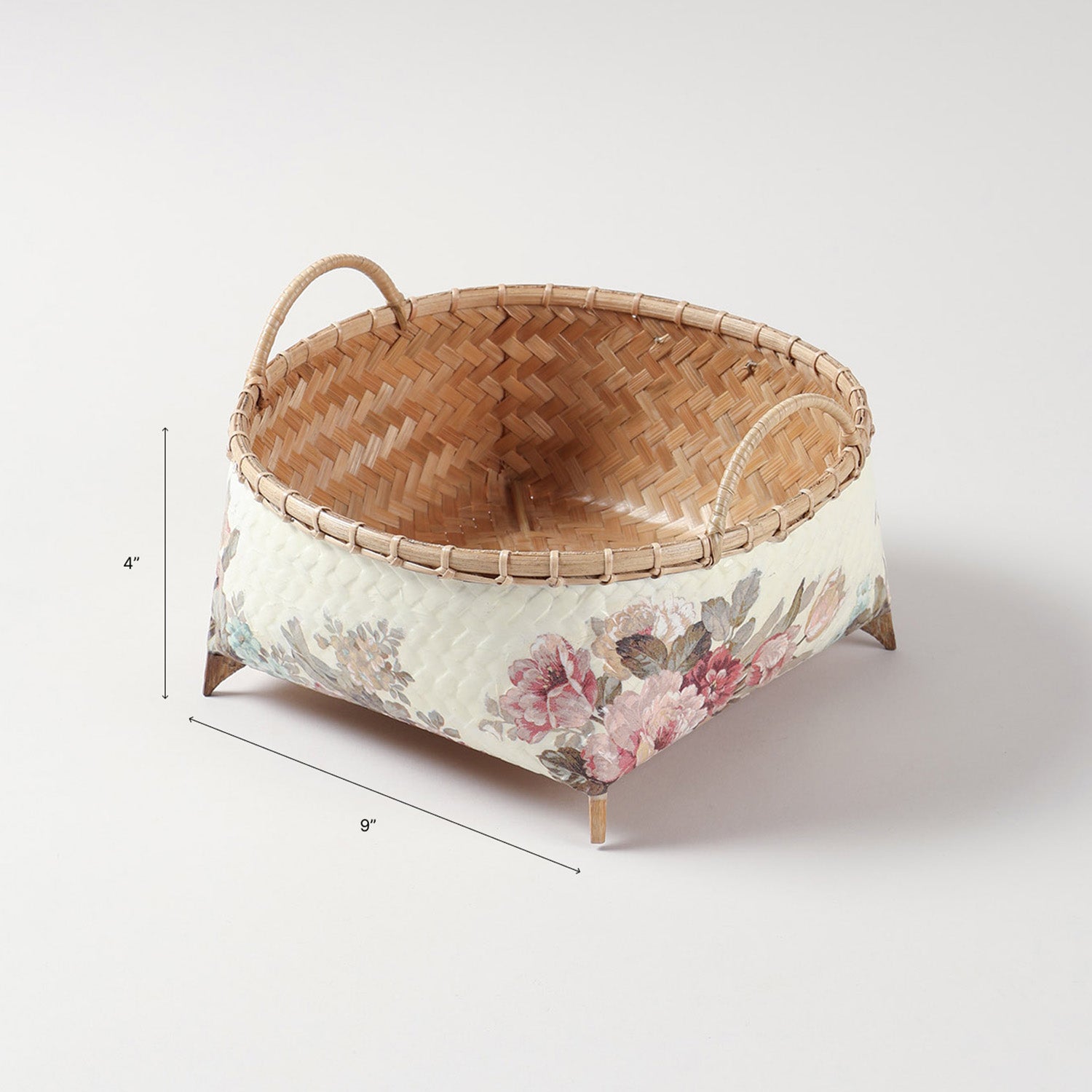 Size of handmade wicker storage basket showing dimensions of 9 x 4 inches for organising cosmetics, jewellery, and desk essentials