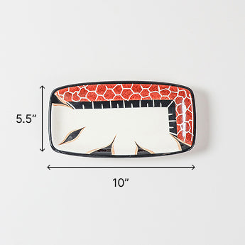 Size chart of Giraffe Story African ceramic platter showing dimensions of 10 x 5 x 0.5 inches