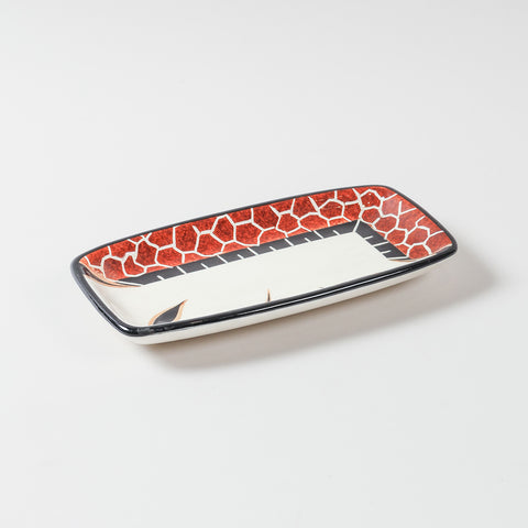 Hand-painted rectangular ceramic serving platter with giraffe artwork, showcasing vibrant African pottery craftsmanship and a glossy finish