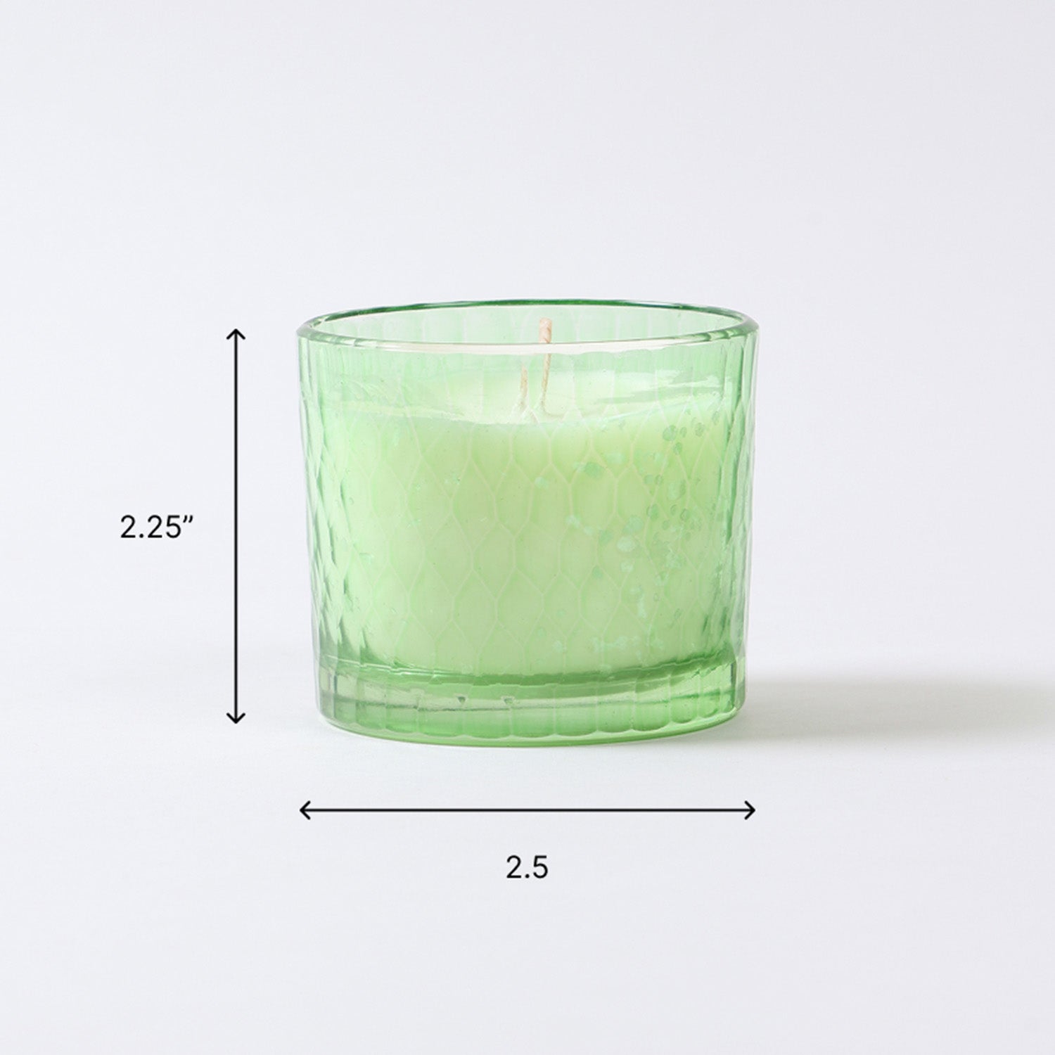 2.5 x 2.5 inch scented glass candle size guide with soy wax and green apple fragrance