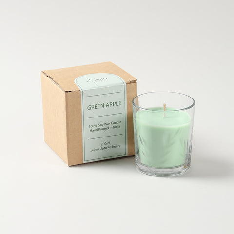 Green apple scented soy wax candle presented in a decorative gift box for home decor gifting and special occasions