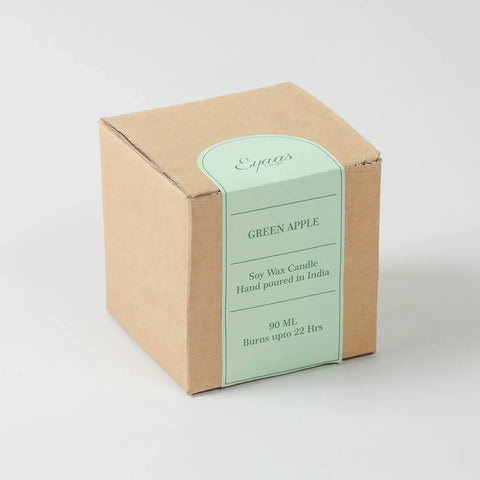 Green Apple scented soy wax candle in chiseled glass with gift box showing fragrance and burn time information