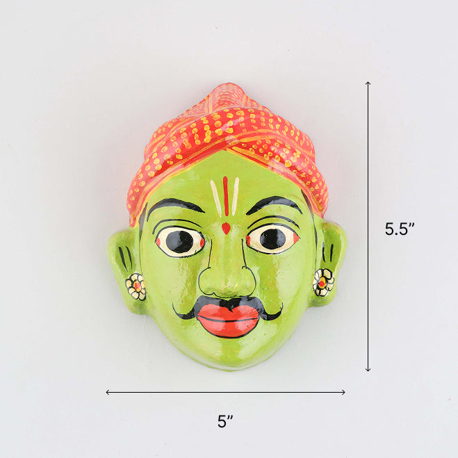 Size chart of handcrafted Cheriyal couple mask set showing dimensions of 5.5 x 5 x 2.5 inches per mask
