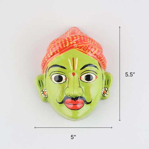Size chart of handcrafted Cheriyal couple mask set showing dimensions of 5.5 x 5 x 2.5 inches per mask