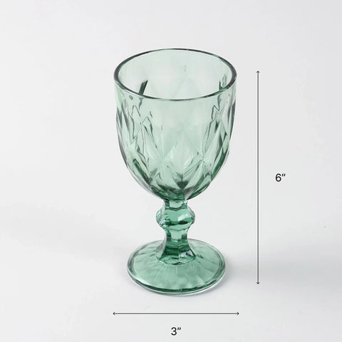 Dimension guide for green diamond wine glasses, set of two, showing 6 inches as height and 3 inches as diameter measurements
