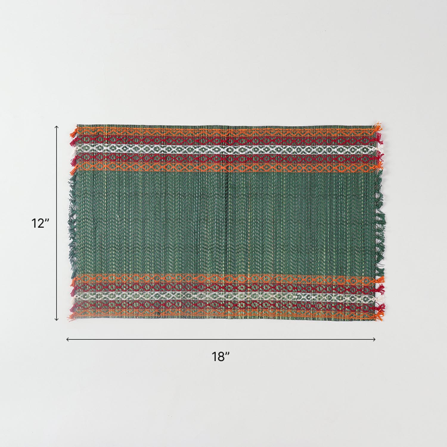 Size chart of green Madhurkathi placemats showing dimensions of 12 x 18 inches for dining table settings