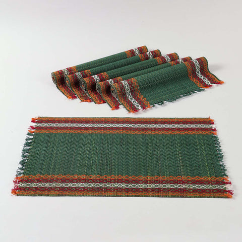 Handmade green Madhurkathi placemats set of 6 featuring natural river grass weave and colourful border detailing