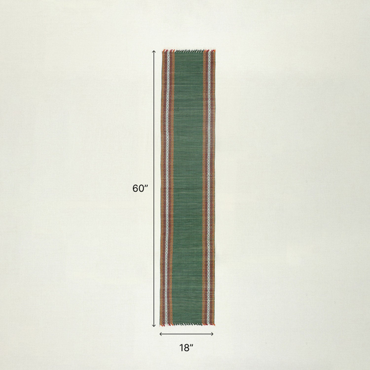Size chart of green Madhurkathi table runner showing dimensions of 12 x 60 inches, suitable for 4 to 6-seater dining tables