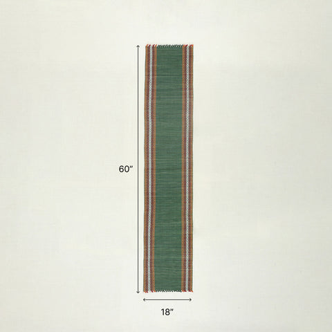 Size chart of green Madhurkathi table runner showing dimensions of 12 x 60 inches, suitable for 4 to 6-seater dining tables