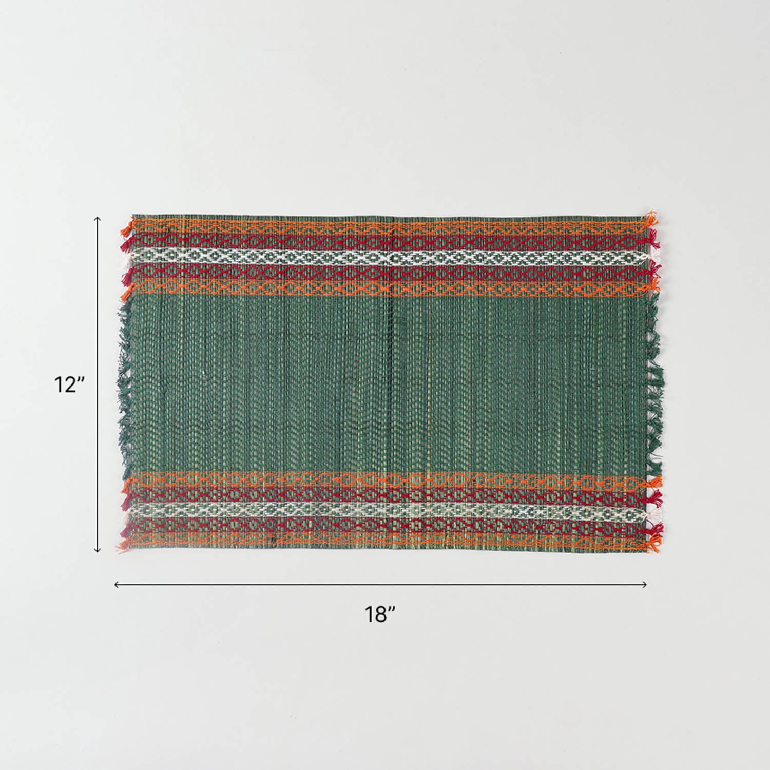  Size chart of green Madurkathi table runner and placemats set showing placemat dimensions of 18 x 12 inches