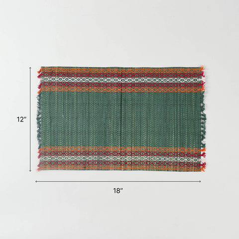  Size chart of green Madurkathi table runner and placemats set showing placemat dimensions of 18 x 12 inches