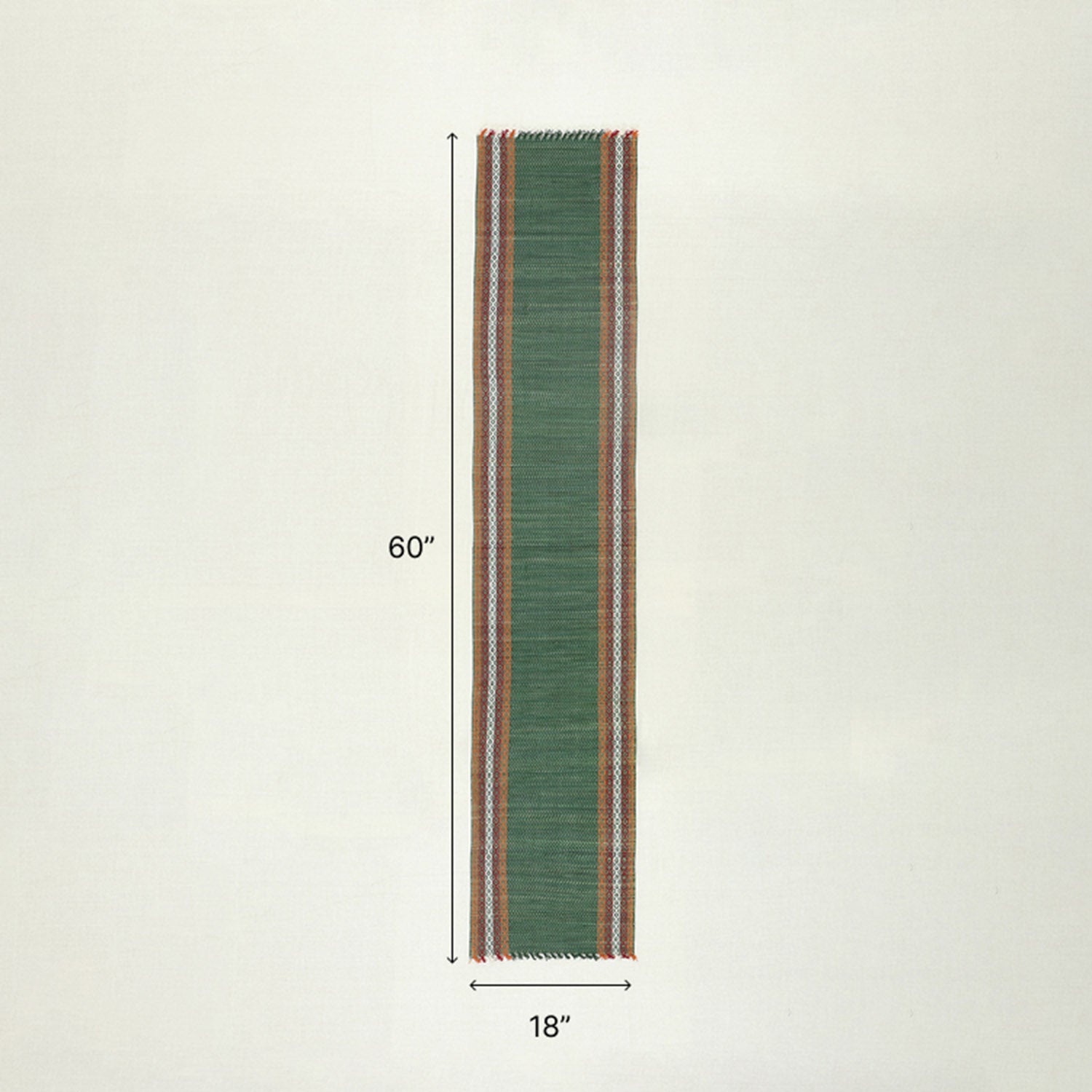 Size chart of green Madurkathi table runner and placemats showing runner dimensions of 60 x 12 inches
