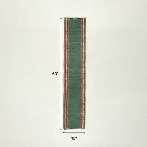 Size chart of green Madurkathi table runner and placemats showing runner dimensions of 60 x 12 inches