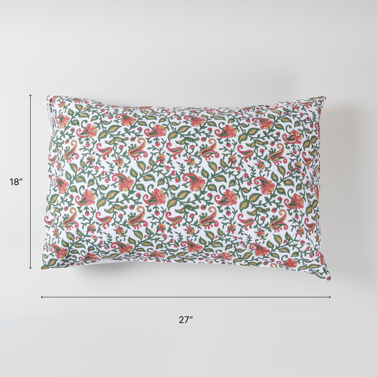 Size chart of hand block printed cotton pillow cover showing dimensions of 18 x 27 inches