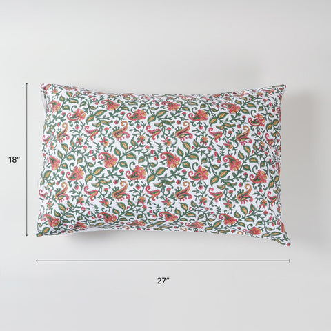 Size chart of hand block printed cotton pillow cover showing dimensions of 18 x 27 inches