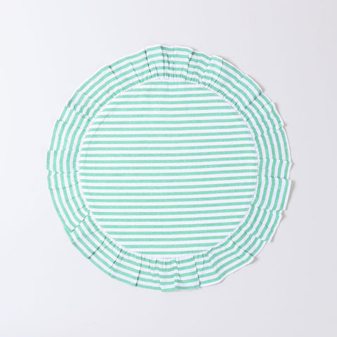 Round cotton placemat with green stripe patterns and soft frilled border on a white base