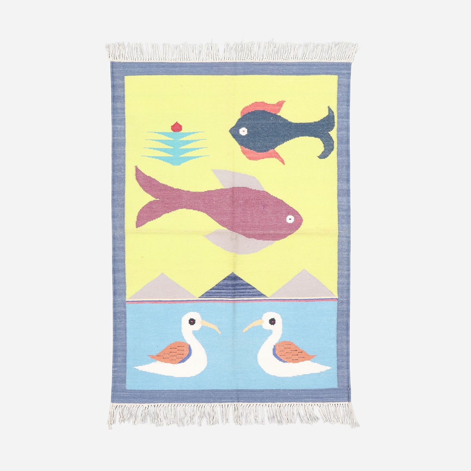 Handwoven cotton rug featuring colourful duck and fish motifs on a grey base inspired by Bikaner dhurrie weaving