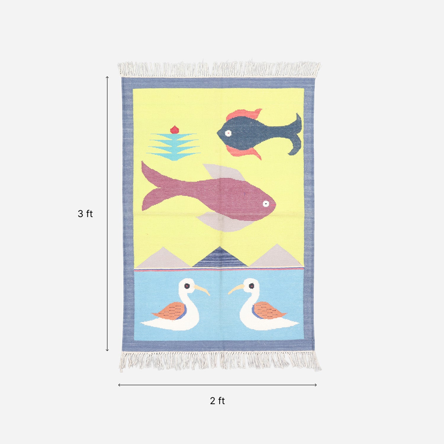 2 x 3 ft handwoven cotton rug size guide featuring duck and fish motifs from Bikaner weaving traditions