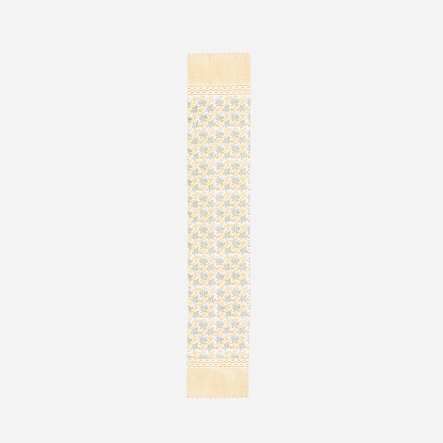 Full size cotton table runner with grey floral motifs and decorative orange yellow borders