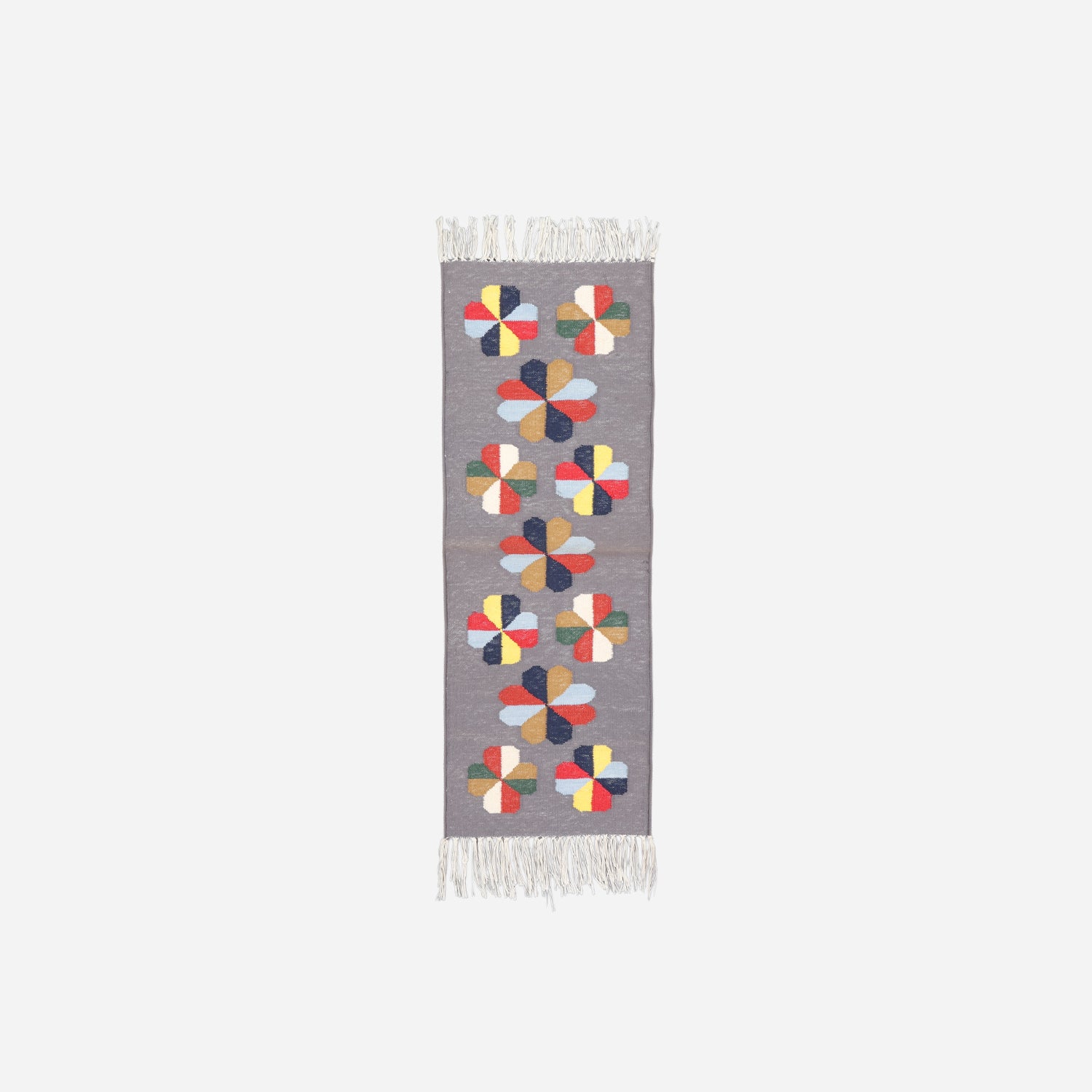 Full size 1x3 ft cotton rug with multicoloured geometric floral motifs woven on a soft grey base