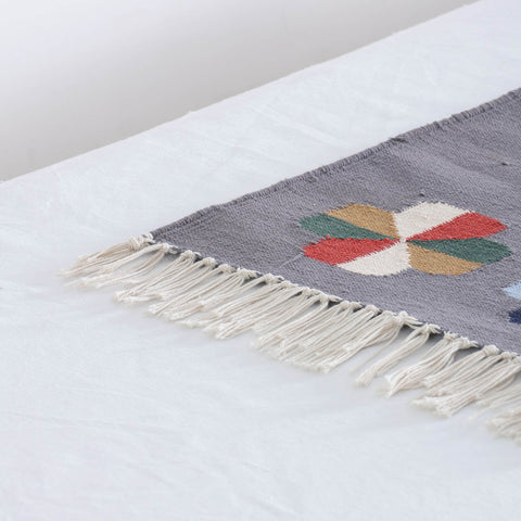 Detailed corner view of a handwoven cotton floor runner featuring colourful geometric flower designs on a grey background