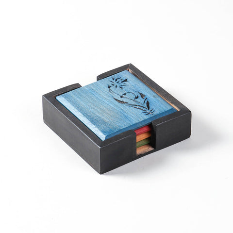 Handmade Floral Vine wooden coaster set with a matching coaster holder crafted in India for everyday table protection