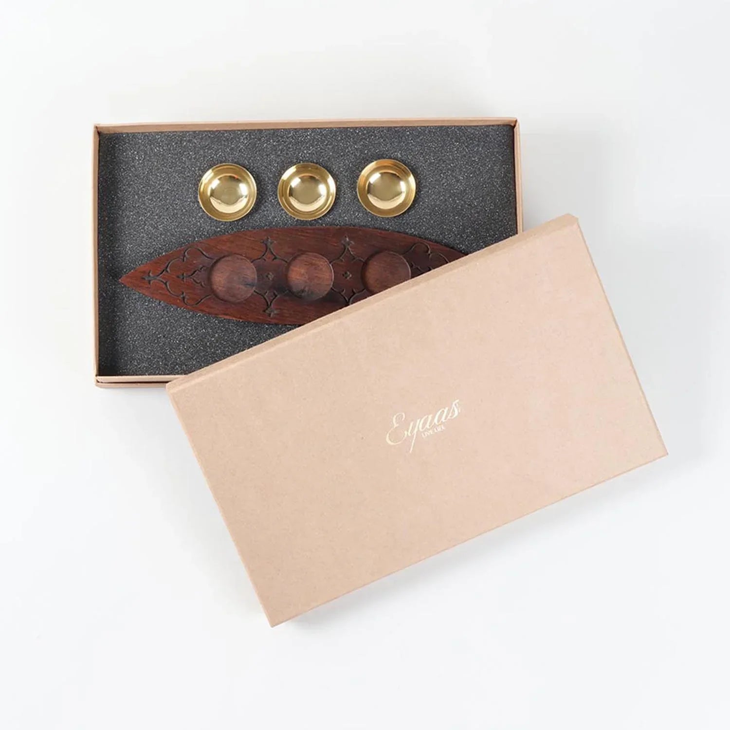 Handmade wooden and brass tealight holder gift set packed in a gift box for table decor and festive celebrations