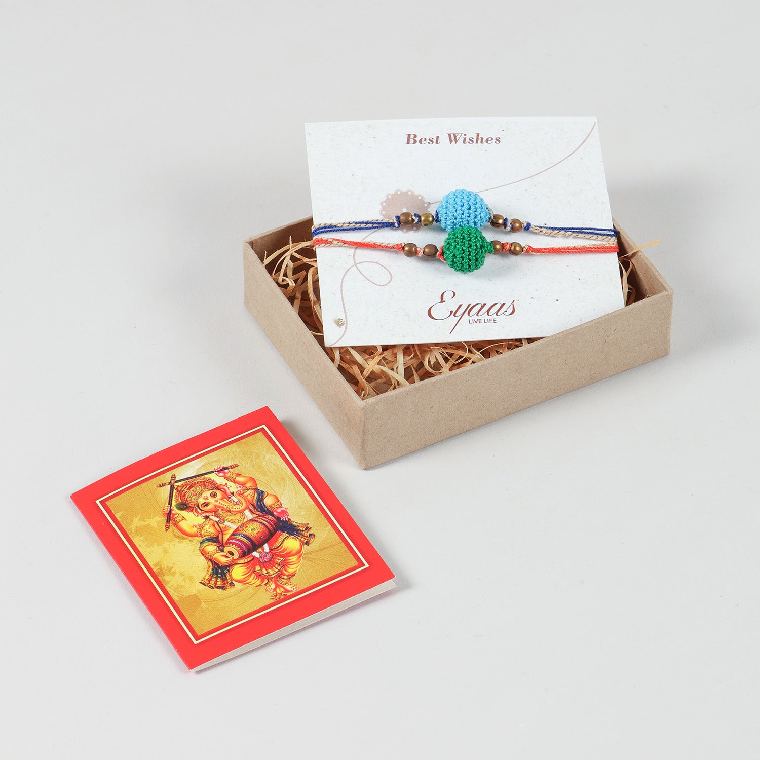Handmade Crochet Bead Rakhi neatly arranged inside a festive gift box, ready to celebrate the special bond between siblings