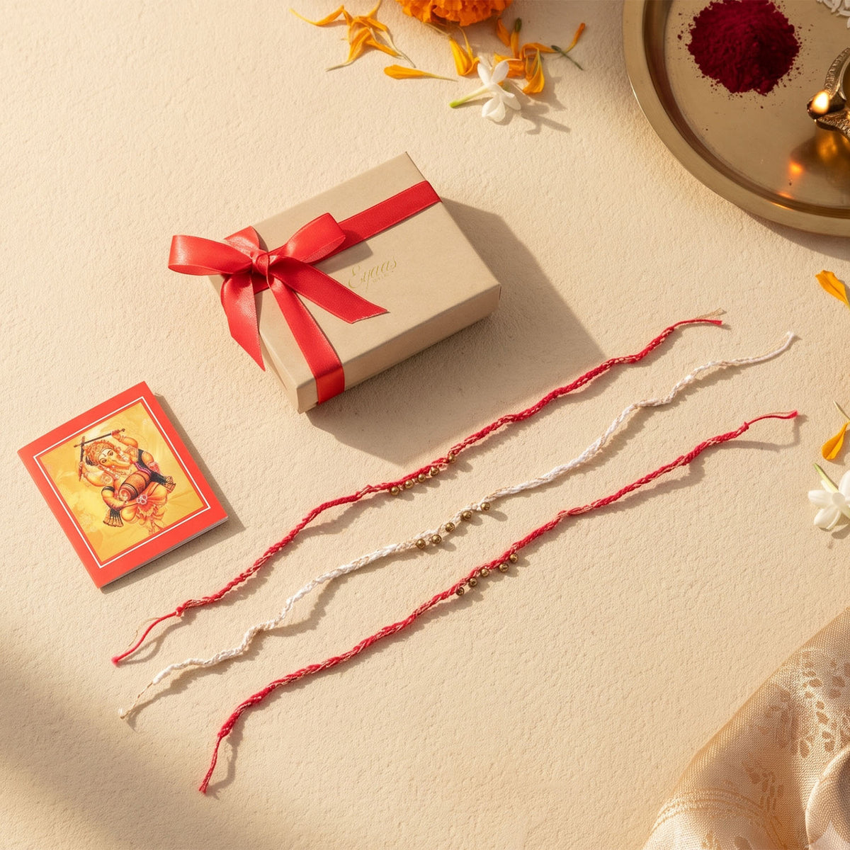 Handmade Crochet Brass Bead Thread Rakhi, beautifully presented in a festive gift box with ribbon, ready for Raksha Bandhan gifting.